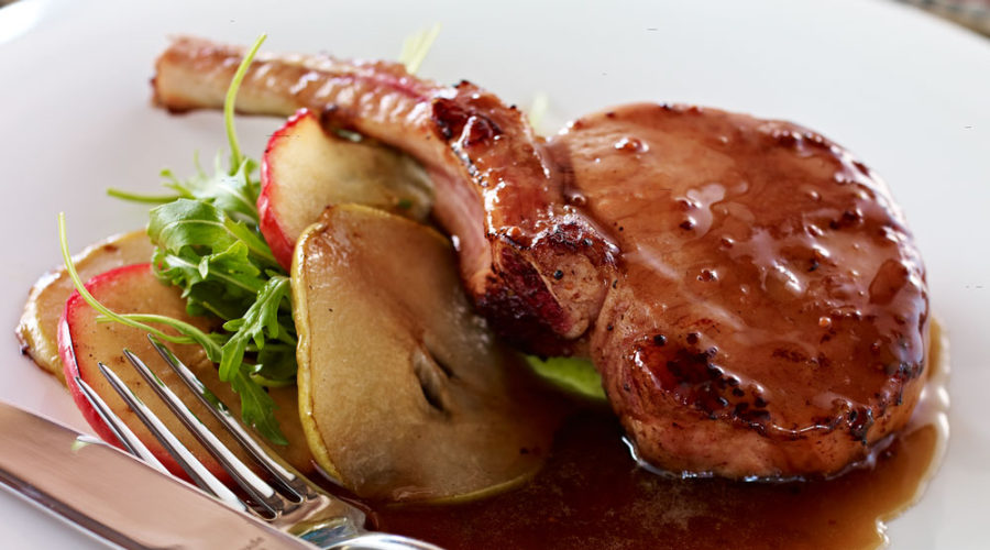 Cider Pork Cutlet with Poached Apple & Pear - Sutcliffe Meats
